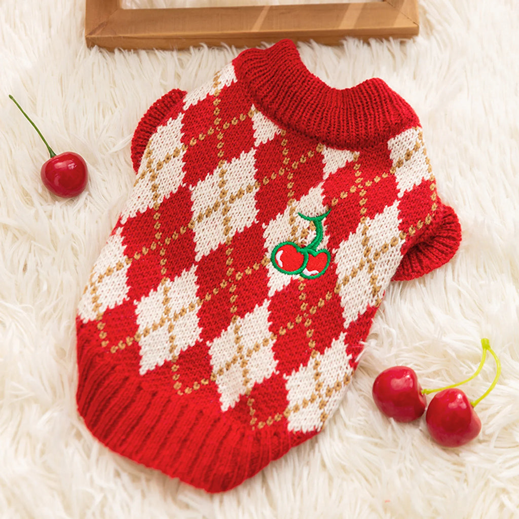 Christmas Knitted Plaid Pet Sweater with Cherry Embroidery - Pawlor