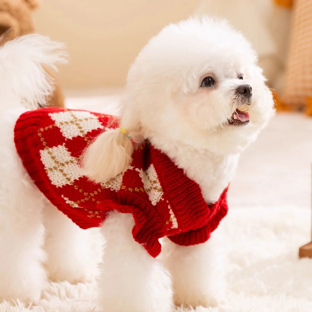 Christmas Knitted Plaid Pet Sweater with Cherry Embroidery - Pawlor