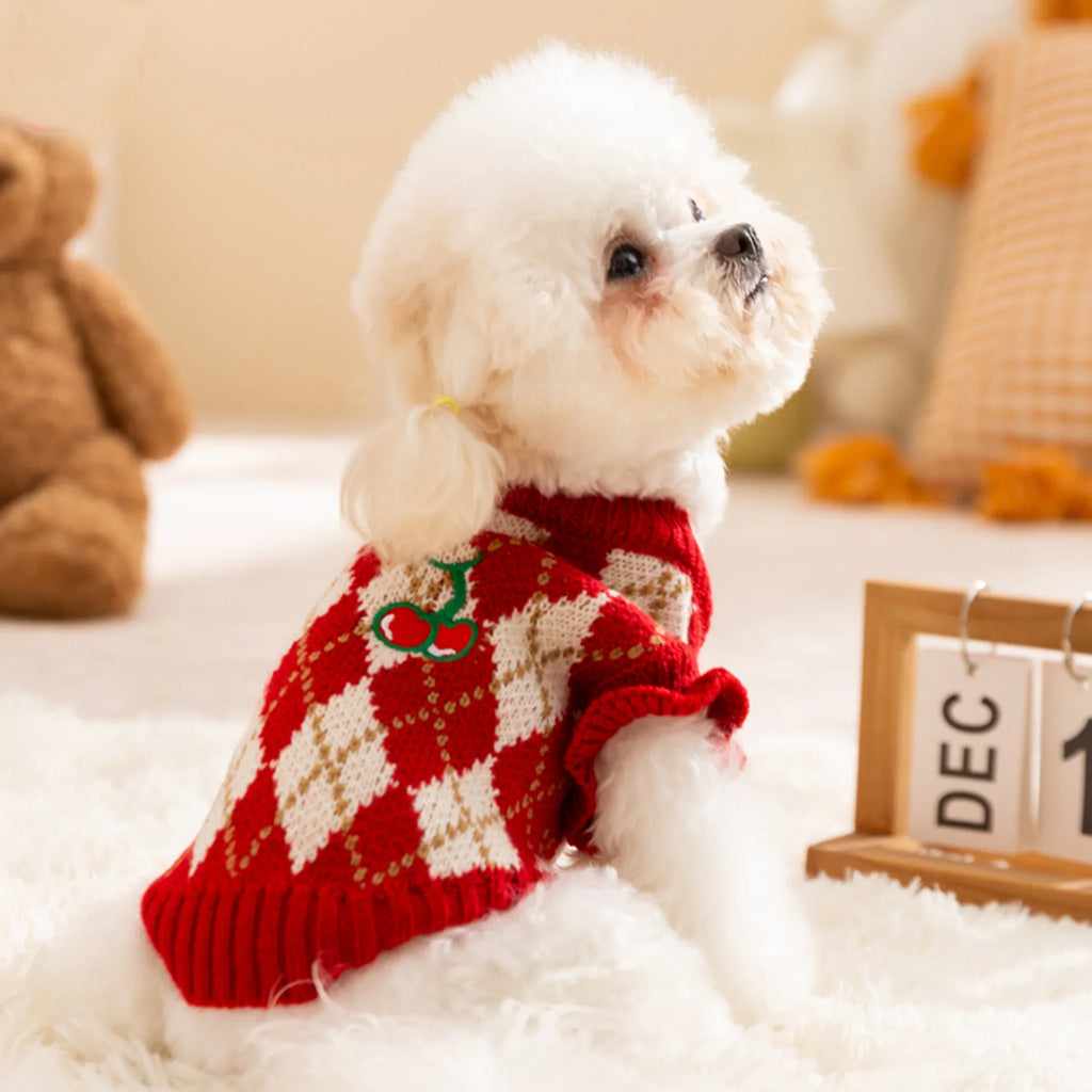 Christmas Knitted Plaid Pet Sweater with Cherry Embroidery - Pawlor