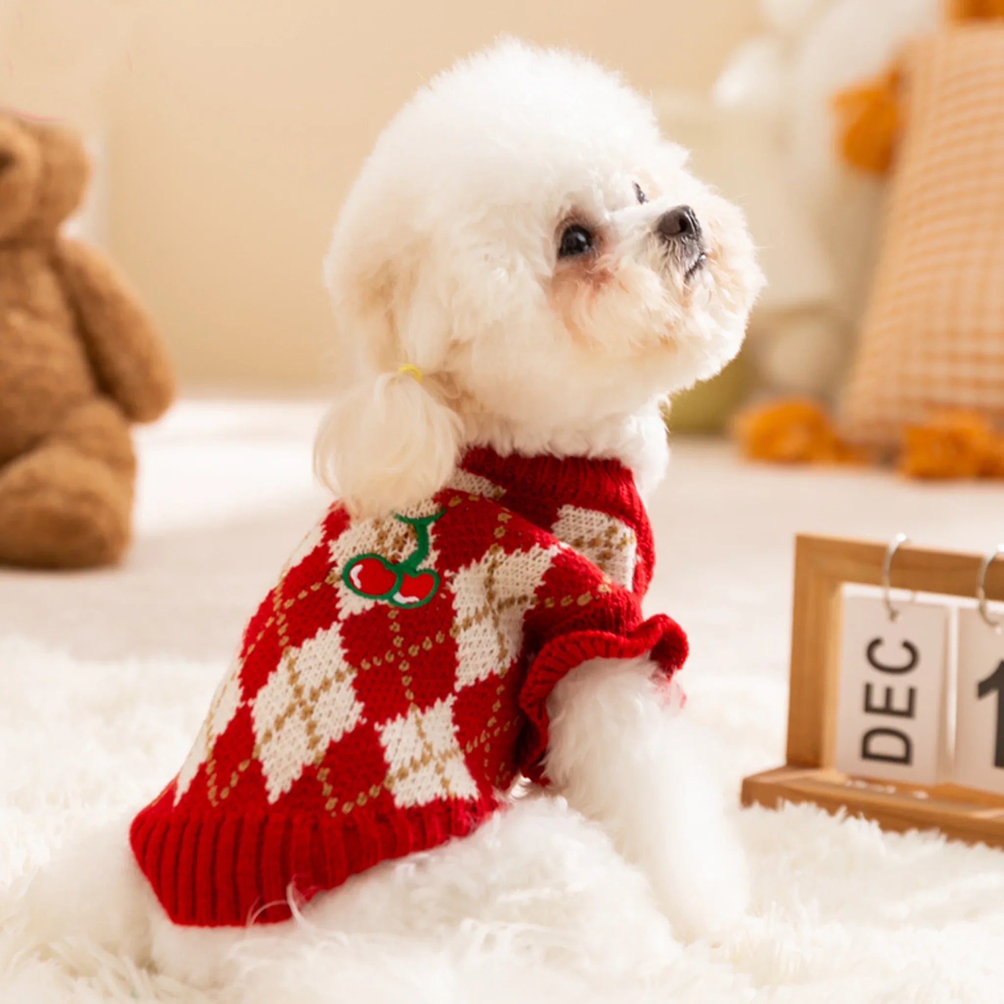 Christmas Knitted Plaid Pet Sweater with Cherry Embroidery - Pawlor