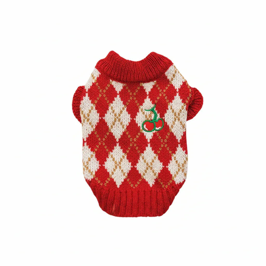 Christmas Knitted Plaid Pet Sweater with Cherry Embroidery - Pawlor