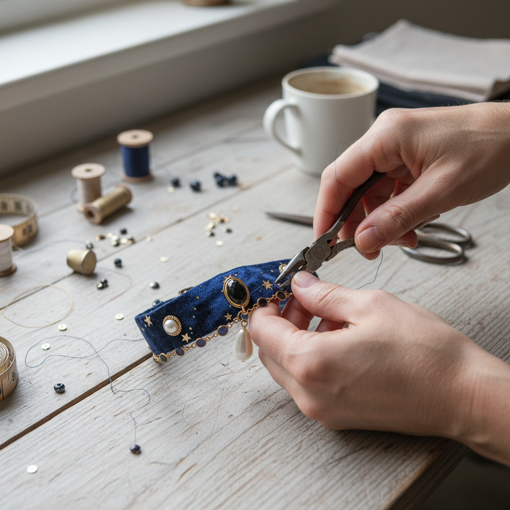 Artisan crafting decorative pet collar with star embellishments